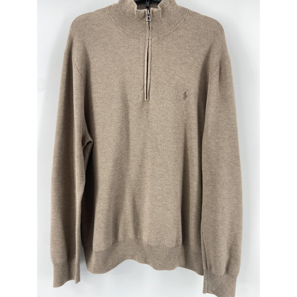 Polo Ralph Lauren‎ Sweater Mens XL Tan Quarter Zip Mock Neck Waffle Preppy Logo